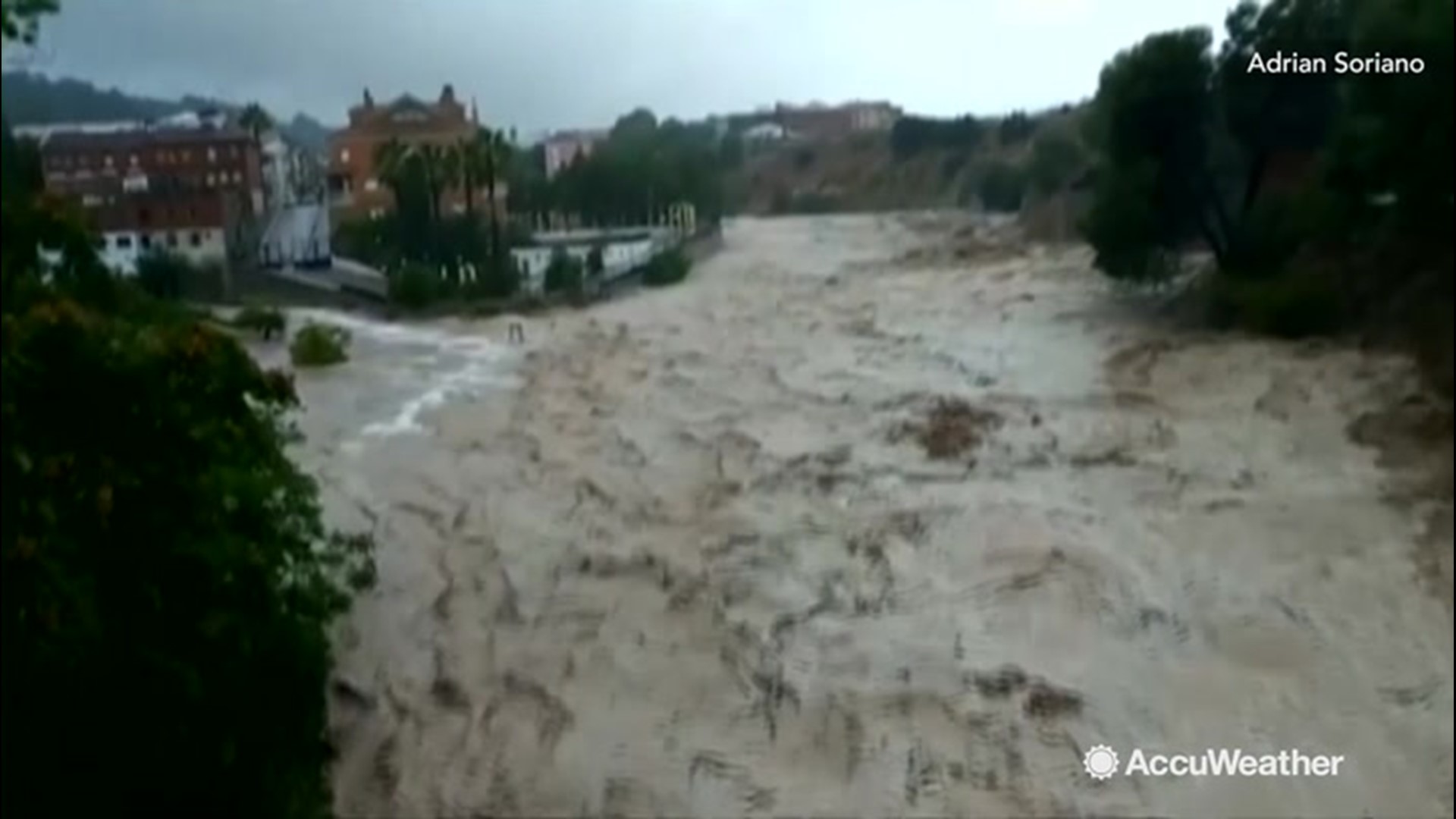 Severe rainfall caused floodwaters to gush through Mogente, Spain, on Sept. 12. You can see the water race downstream with incredible speed. No deaths or injuries were reported from this area.