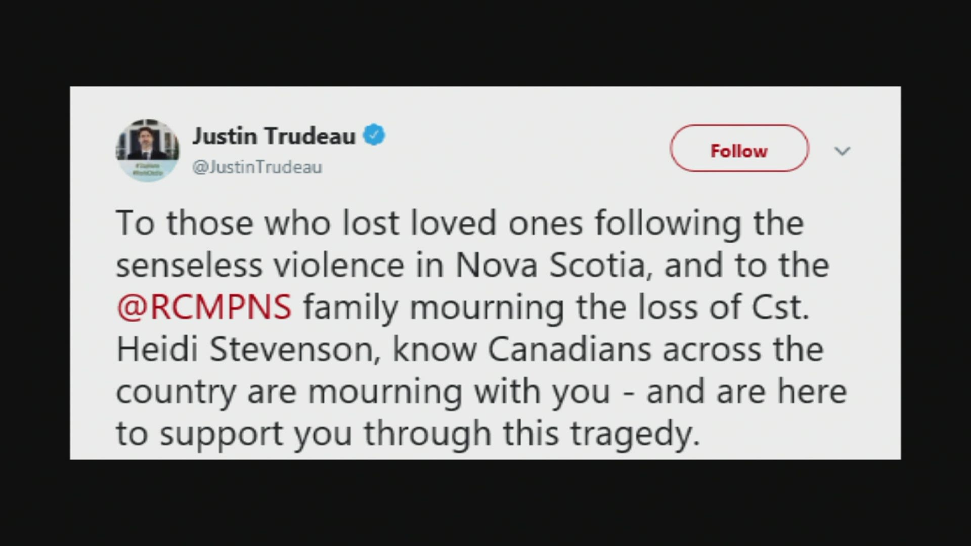 Canadian Prime Minister Justin Trudeau tweeted that the attack was "senseless", saying "Canadians across the country are mourning" with those who lost loved ones.