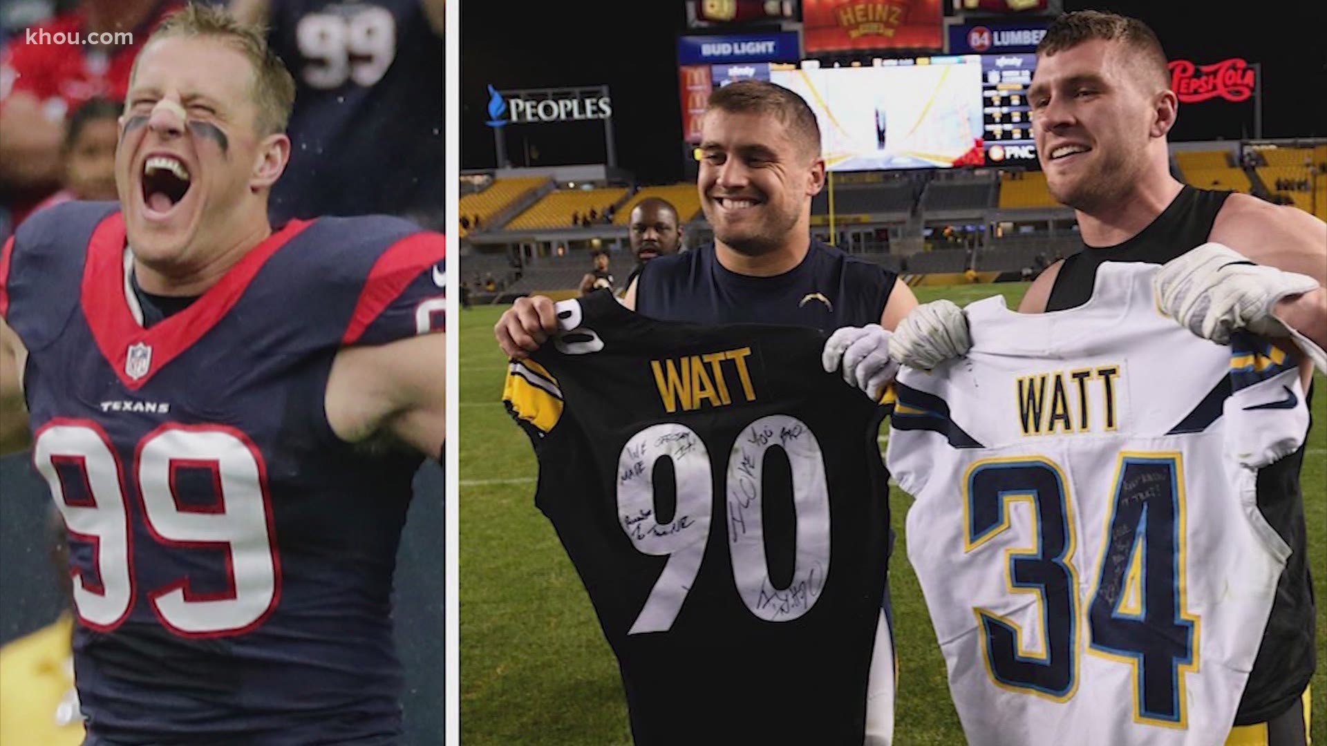 When Houston Texans defensive end J.J. Watt takes the field against the Pittsburgh Steelers on Sunday, he will do so opposite his brothers, T.J. and Derek Watt.