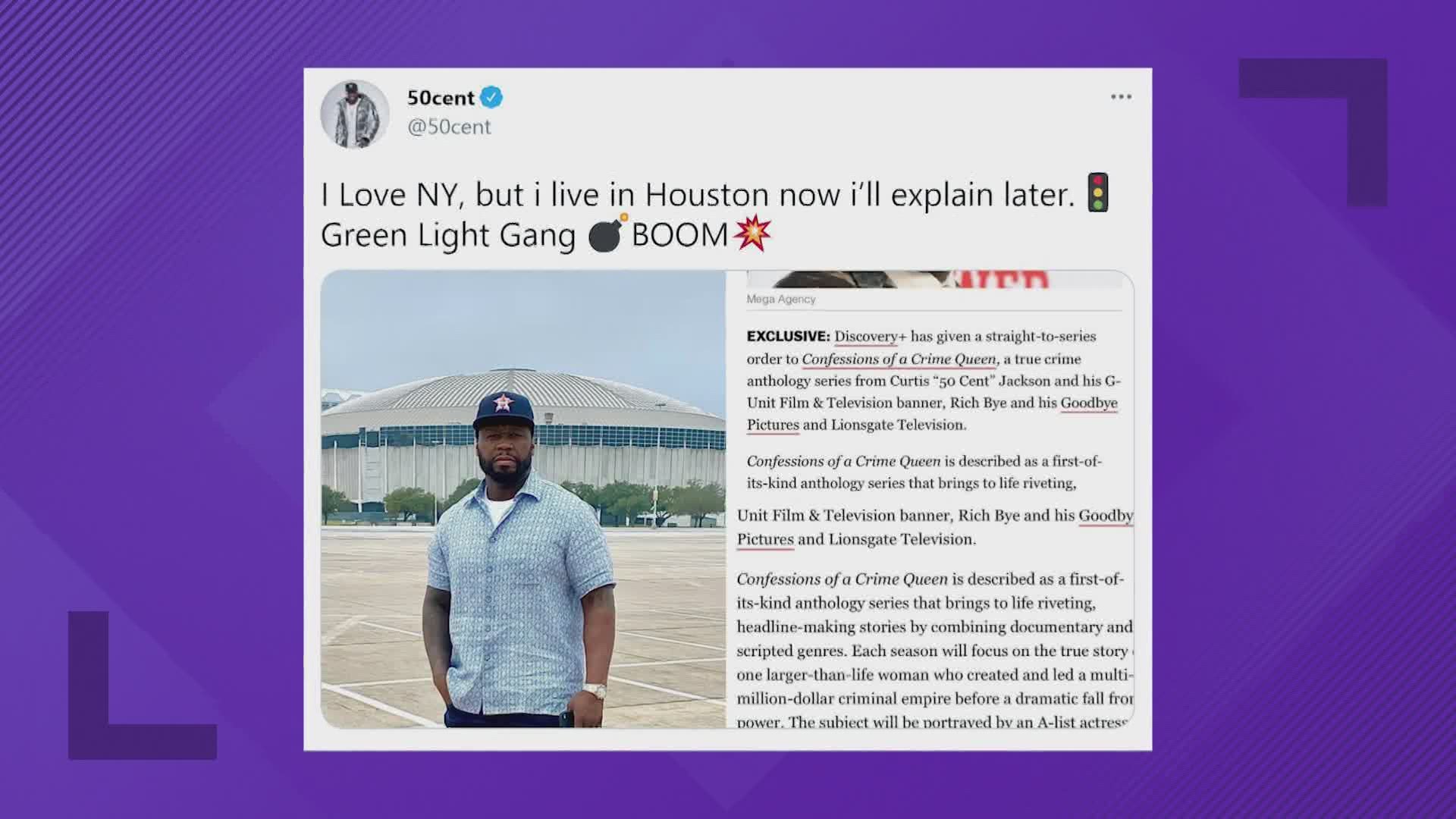 Rapper 50 Cent is apparently Houston’s newest resident, according to a post on his social media accounts.