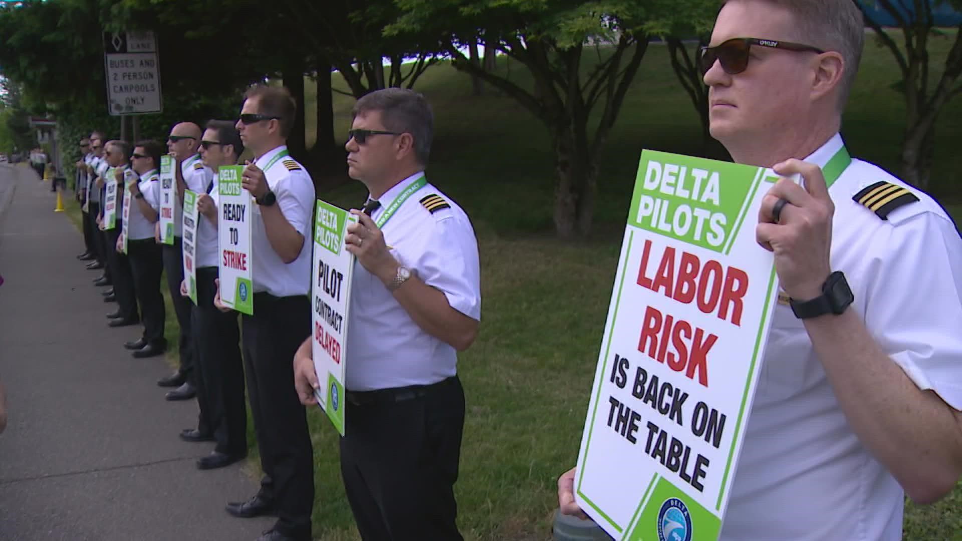 Delta Air Lines pilots picketed outside of Sea-Tac Airport Thursday morning protesting protracted contract negotiations.