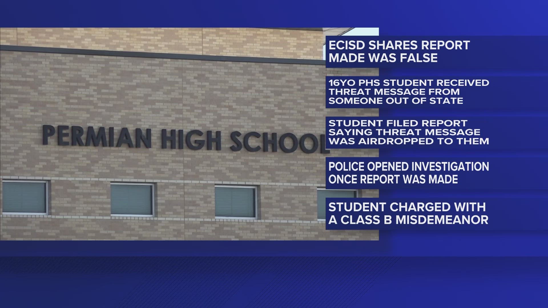 On Thursday afternoon, ECISD police arrested a 16-year-old Permian High school for making a false report about a threat to shoot up the school.