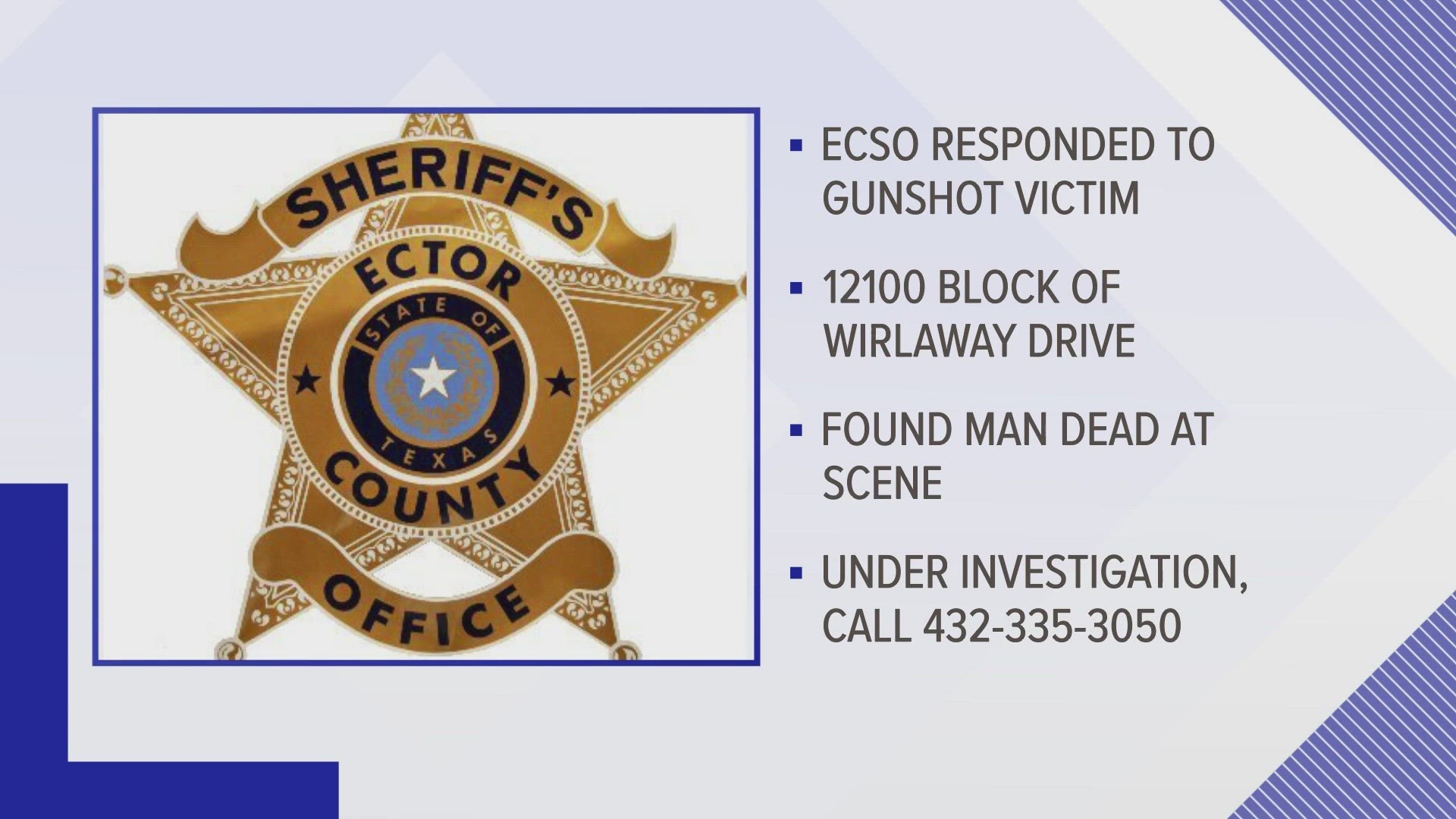 According to Ector County Sheriff Mike Griffis, Thursday morning, ECSO received a call about a gunshot victim in the 12100 block of Whirlaway Dr.