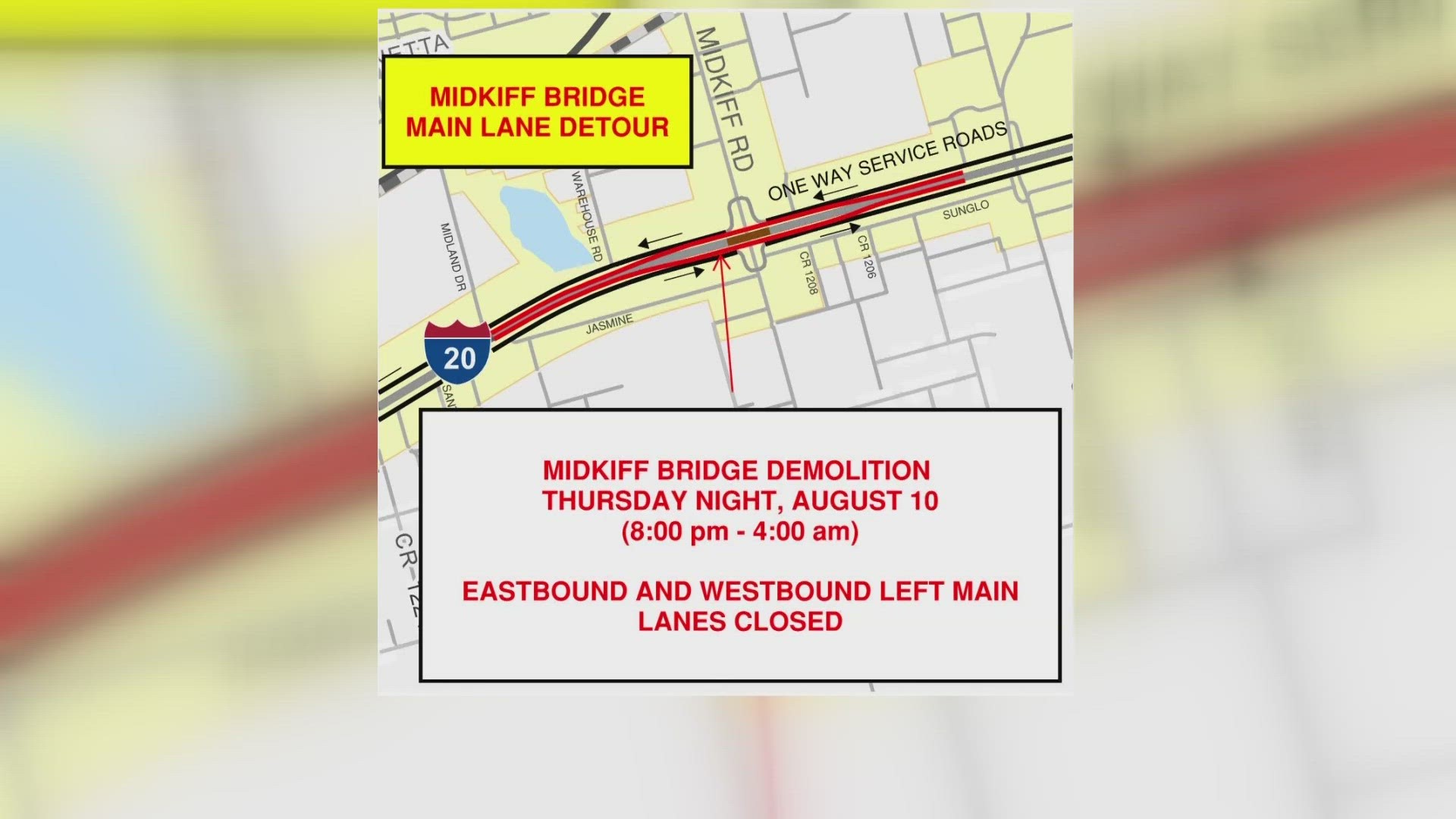 On Thursday night at 8 p.m., the whole Midkiff bridge will start demolishing and finish at 4 a.m. Friday morning. East and westbound left main lanes will close.