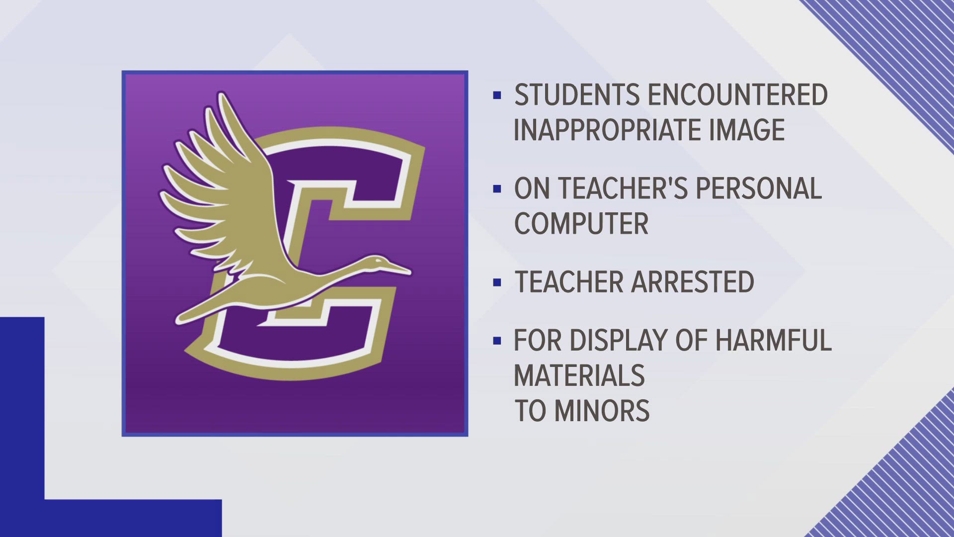 According to a Crane ISD Facebook post, a teacher was arrested for the display of harmful materials to minors, a Class A misdemeanor.