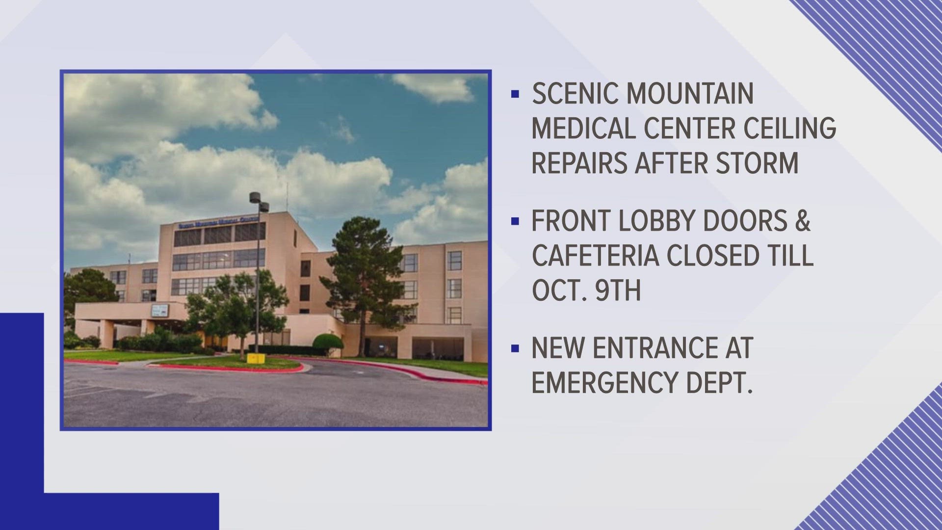 The dust storm on Tuesday caused damage to the front lobby doors and ceiling at the hospital. Repairs will be on-going until Oct. 9.