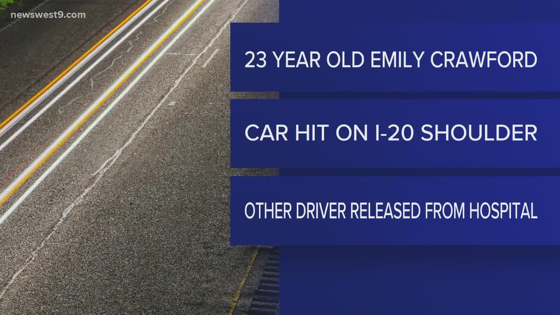 Emily Crawford, 23, had stopped on the side of the road because her car was running out of gas.