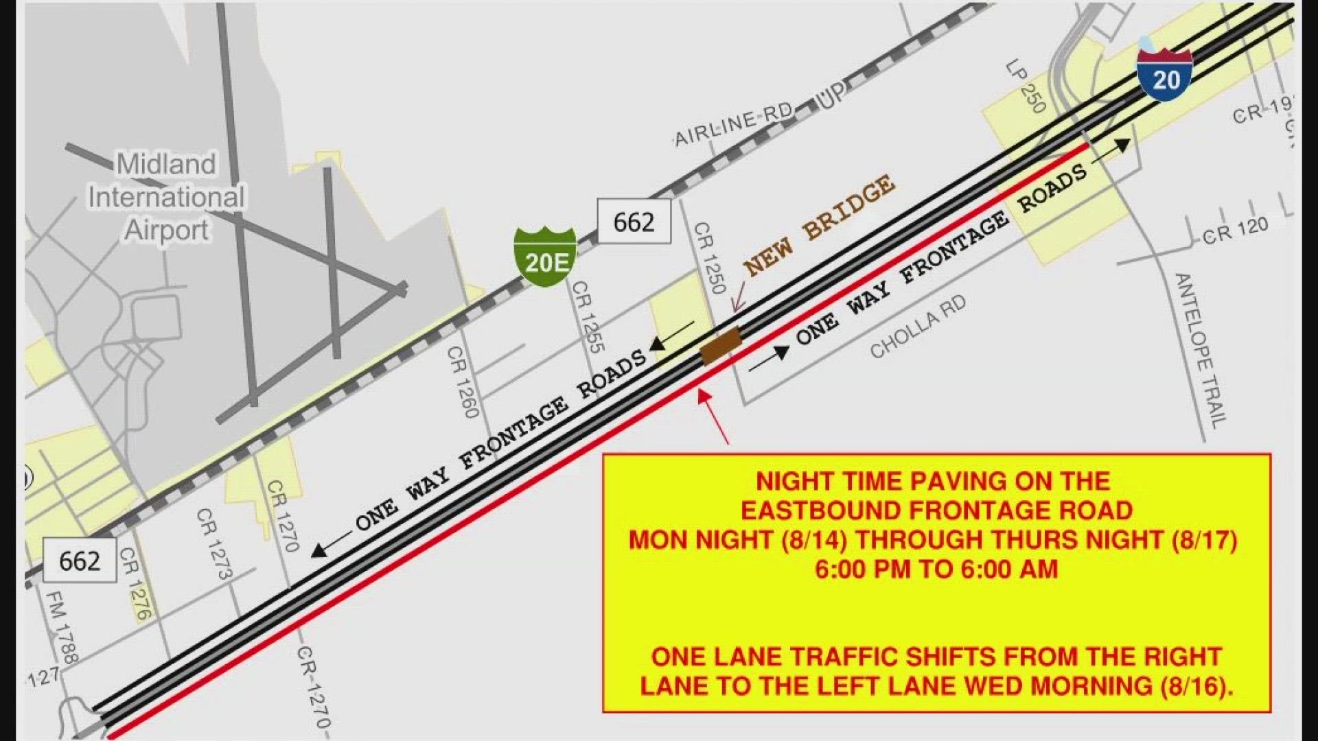 Night time paving will happen along the eastbound lane on I-20 from 1788 to Loop 250 from 6 p.m. to 6 a.m.