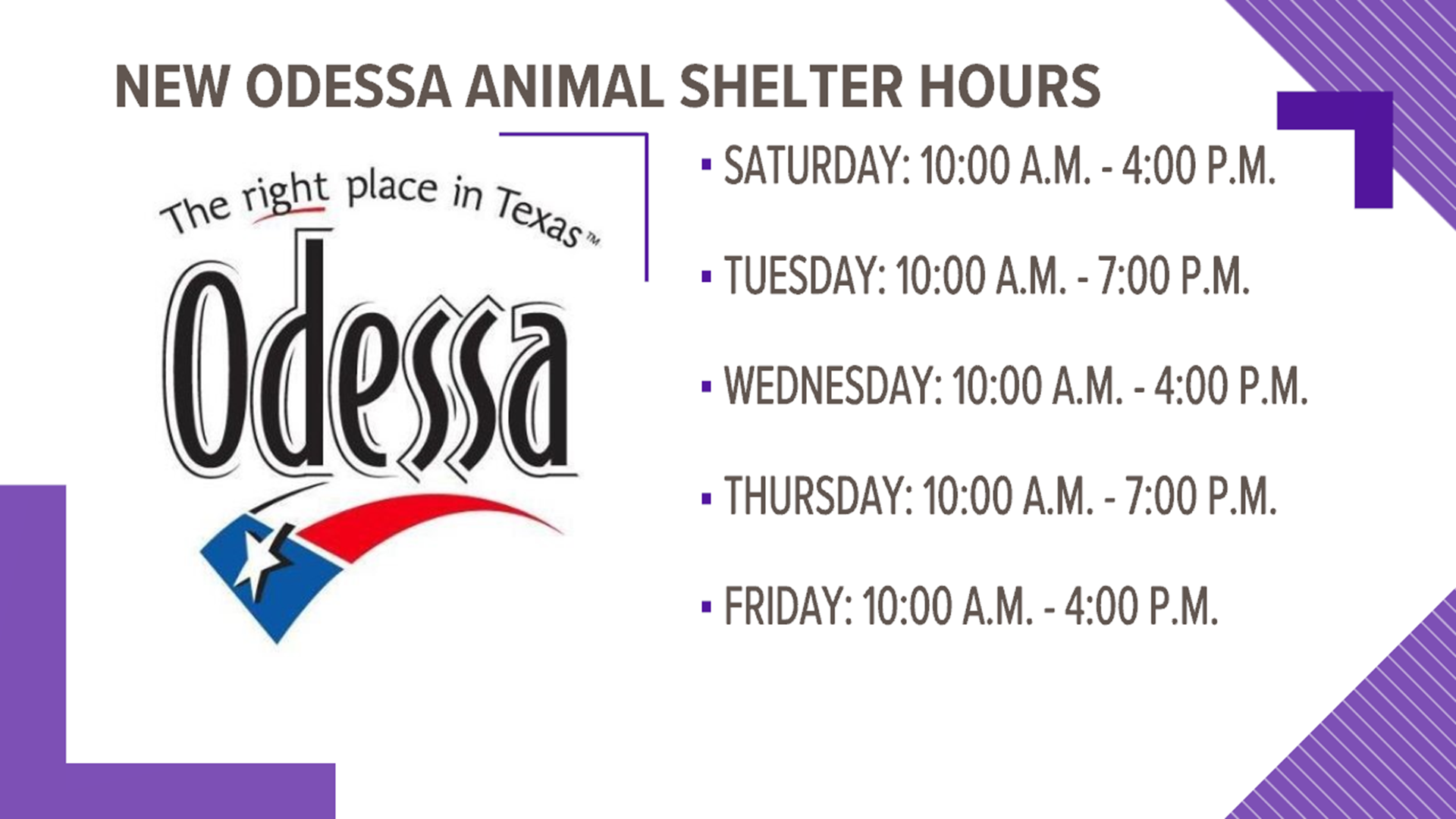 The Odessa Animal Shelter has changed the hours of operation to better serve the community.