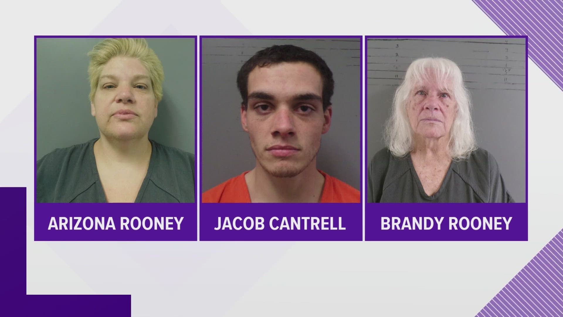 43-year-old Arizona Rooney, her boyfriend 23-year-old Jacob Cantrell and 76-year-old Brandy Rooney have all been arrested and charged with Injury to a Child.