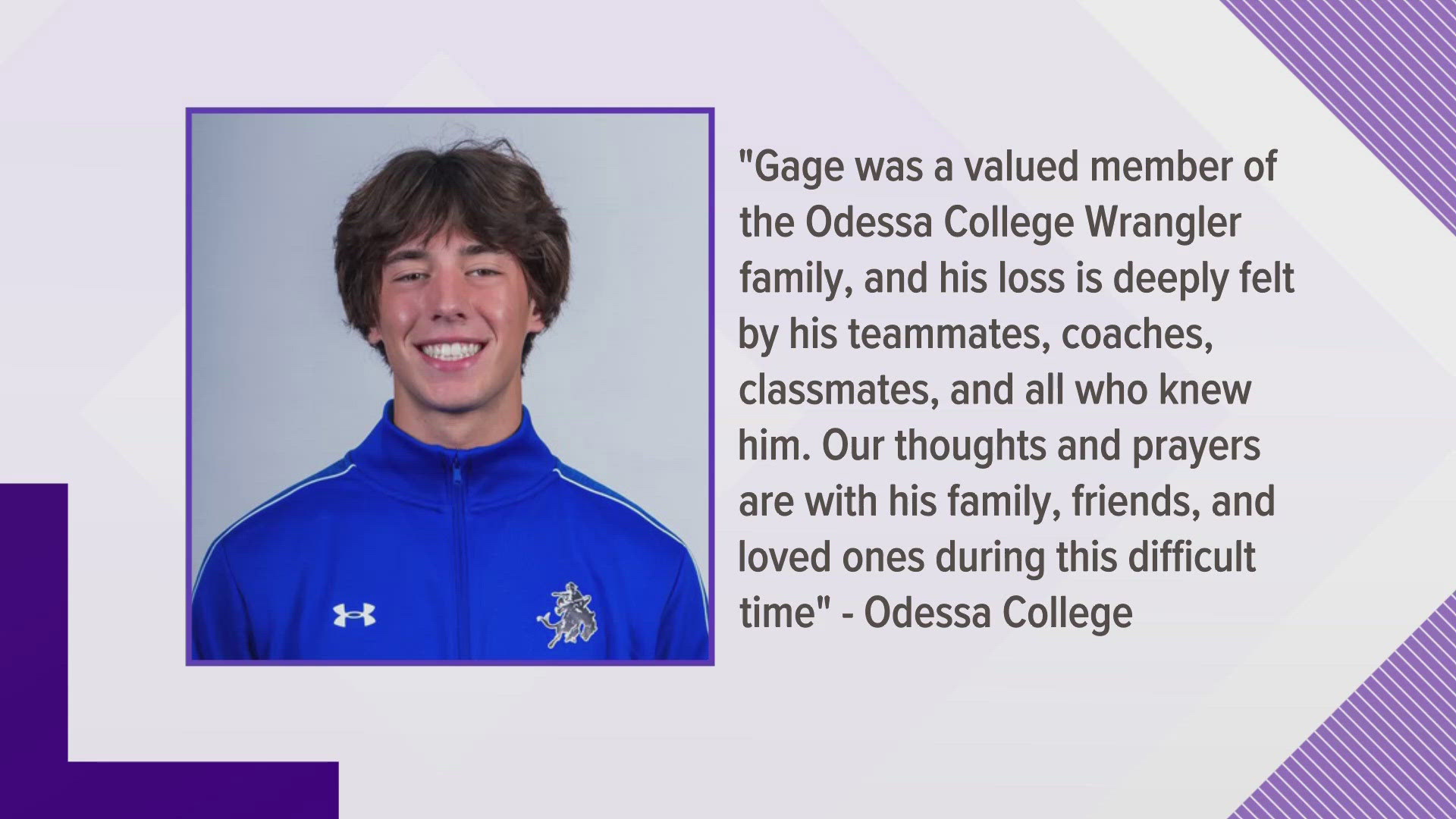 Odessa College announced the passing of sophomore student-athlete Gage Broomall, who collapsed during cross-country practice Thursday afternoon.