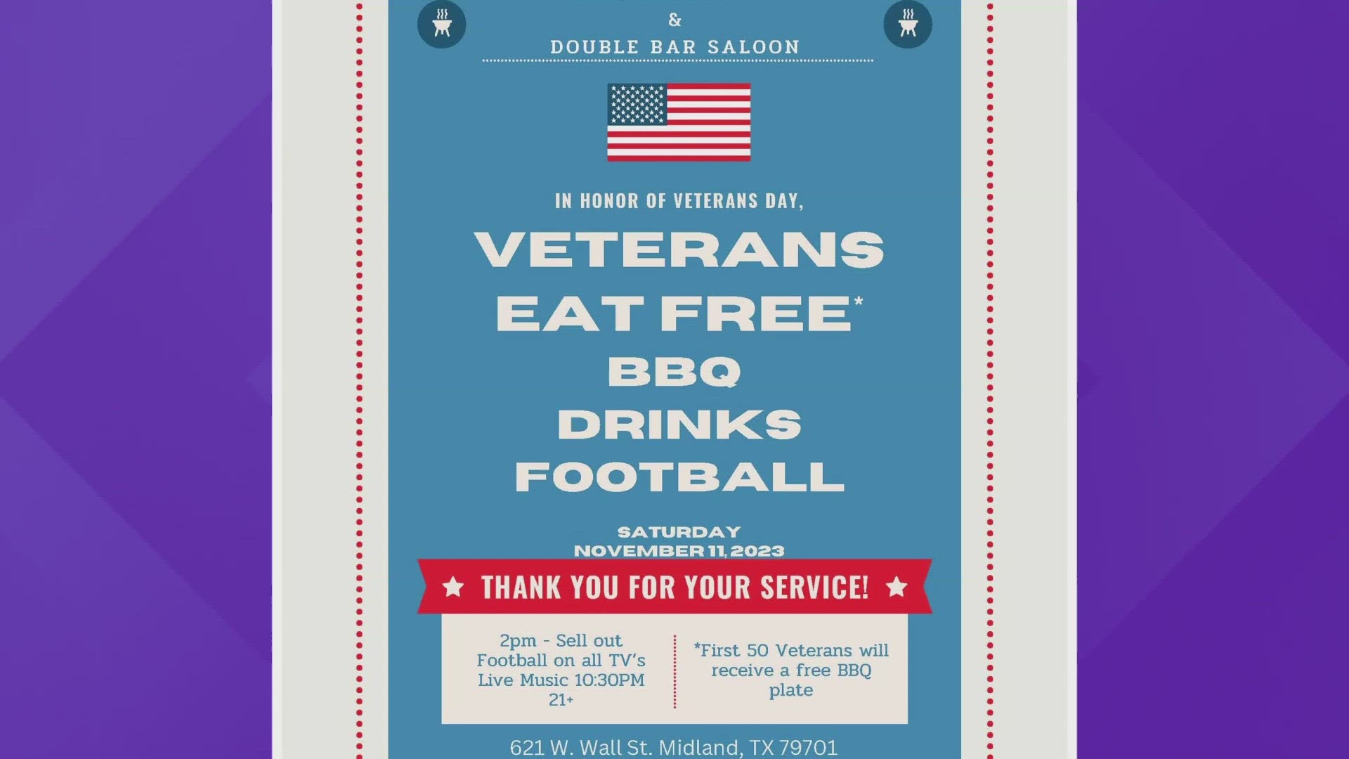 Double Bar Saloon and Geno's Catering giving free BBQ to veterans