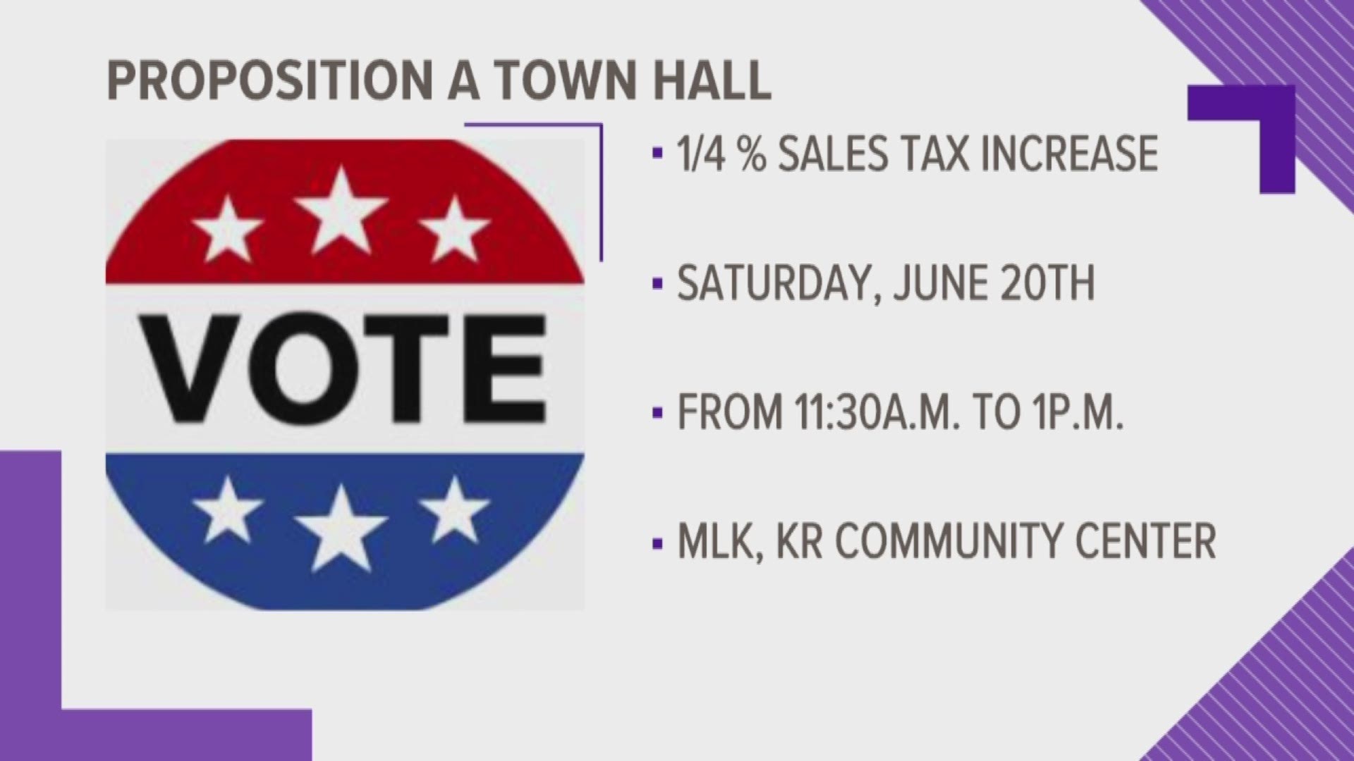 The town hall is Saturday, June 20 from 11:30 a.m. to 1:00 p.m.