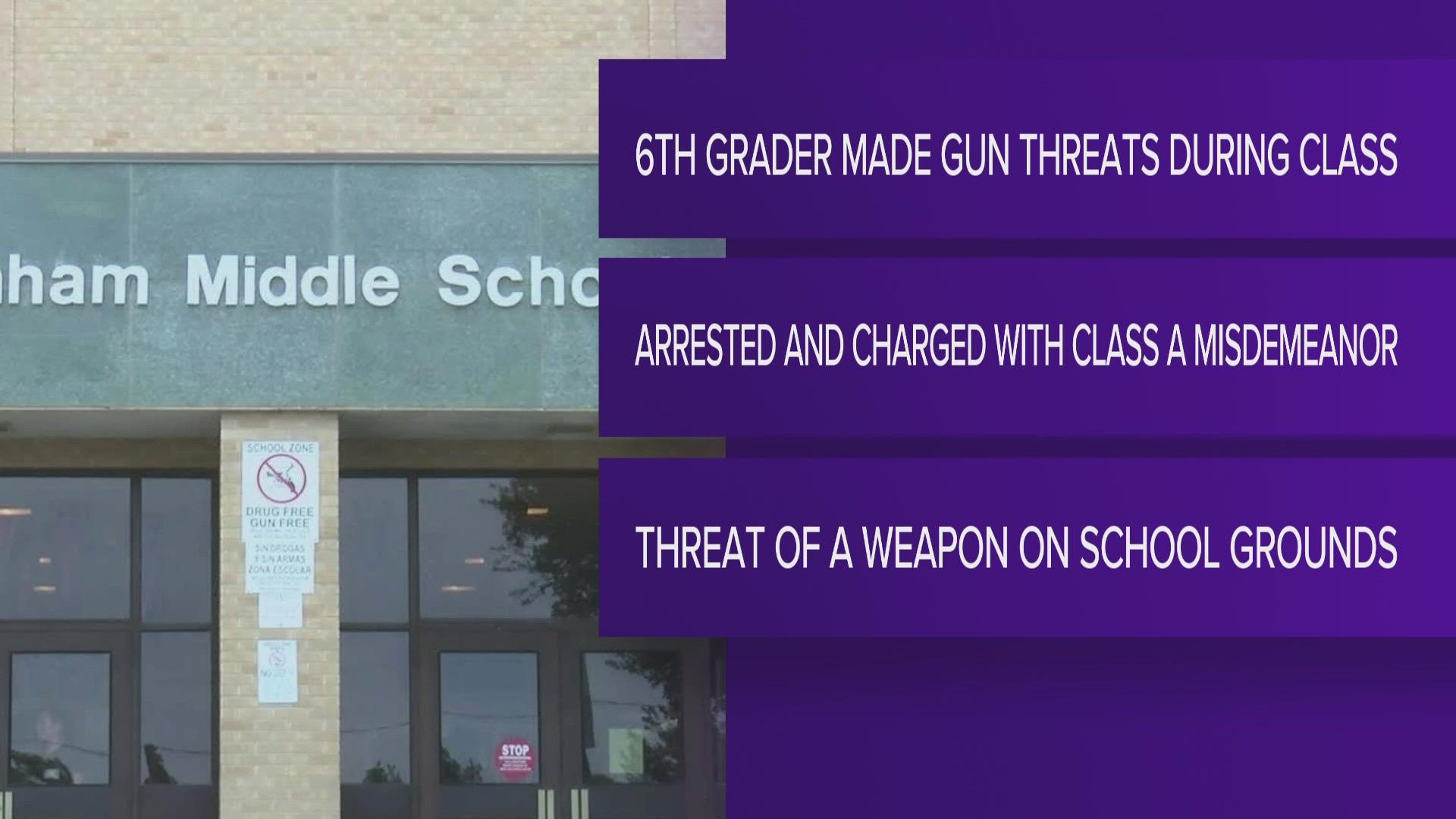 According to a spokesperson for the district, a 6th grade boy became upset while in class and threatened to bring a gun to school and shoot students.