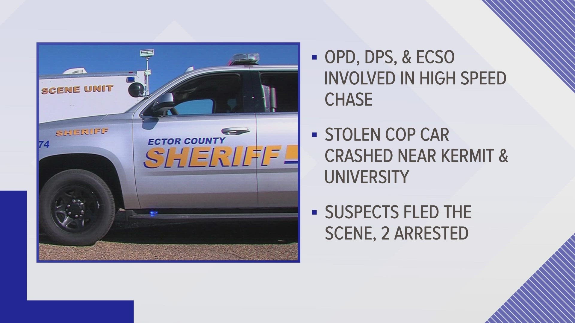 Daniel Rodriguez Jr. and a 17-year-old juvenile have been taken into custody. Rodriguez Jr. has been charged with Unauthorized Use of a Vehicle and Evading Arrest.