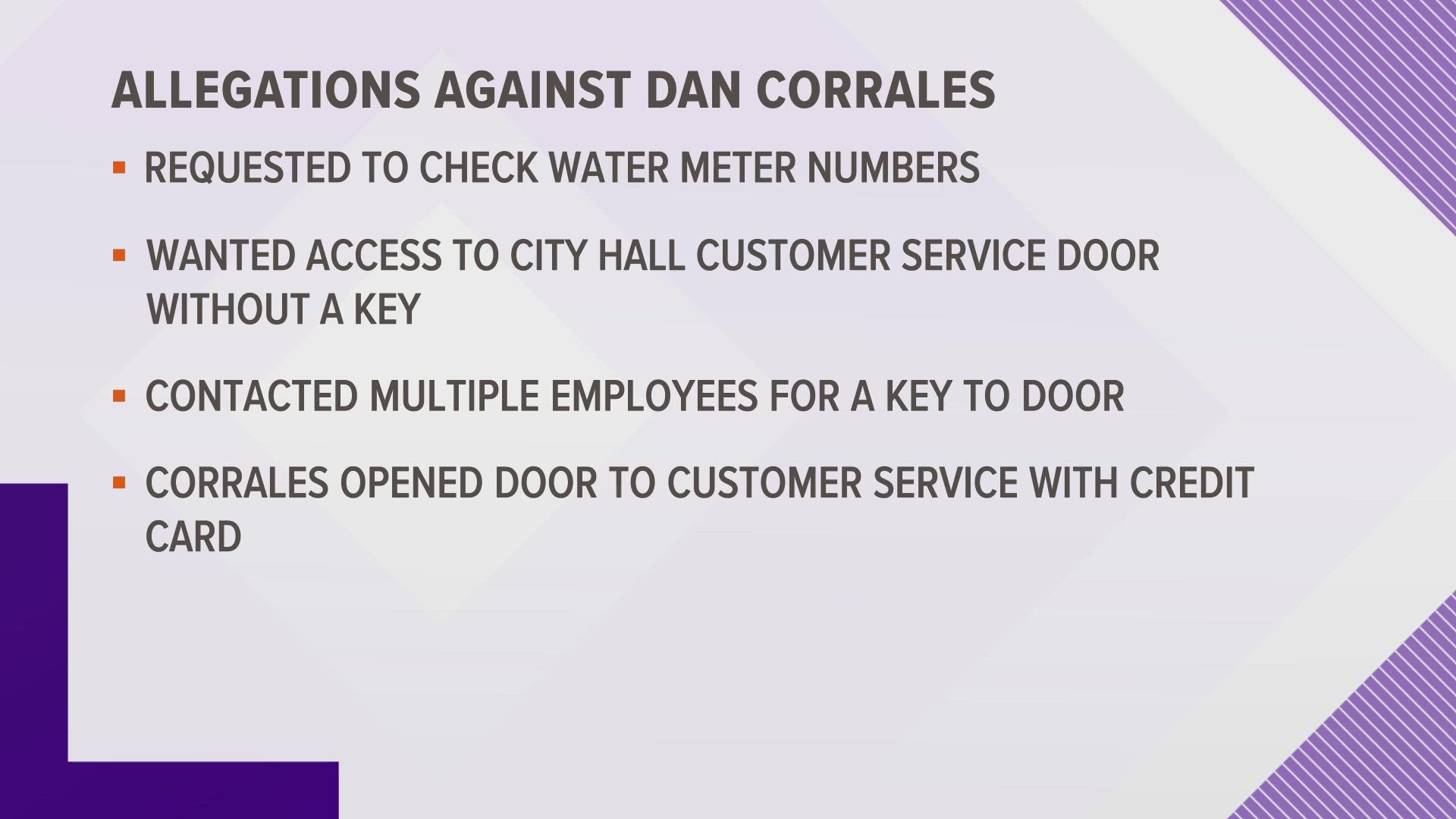 Some people are accusing Corrales of breaking into the City Services Department, but the city councilman denies any wrongdoing.