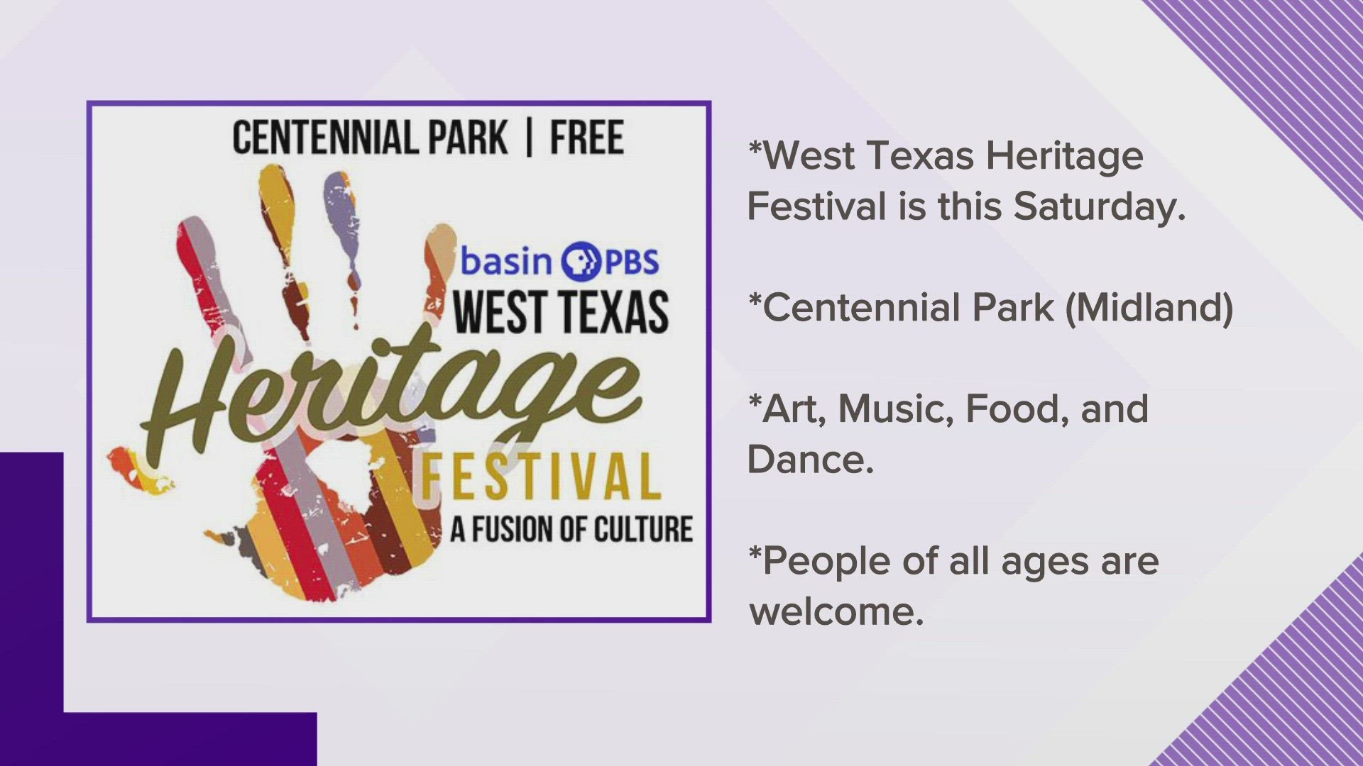 The festival will be in Midland at Centennial Park and there will be art, music, food and dance.