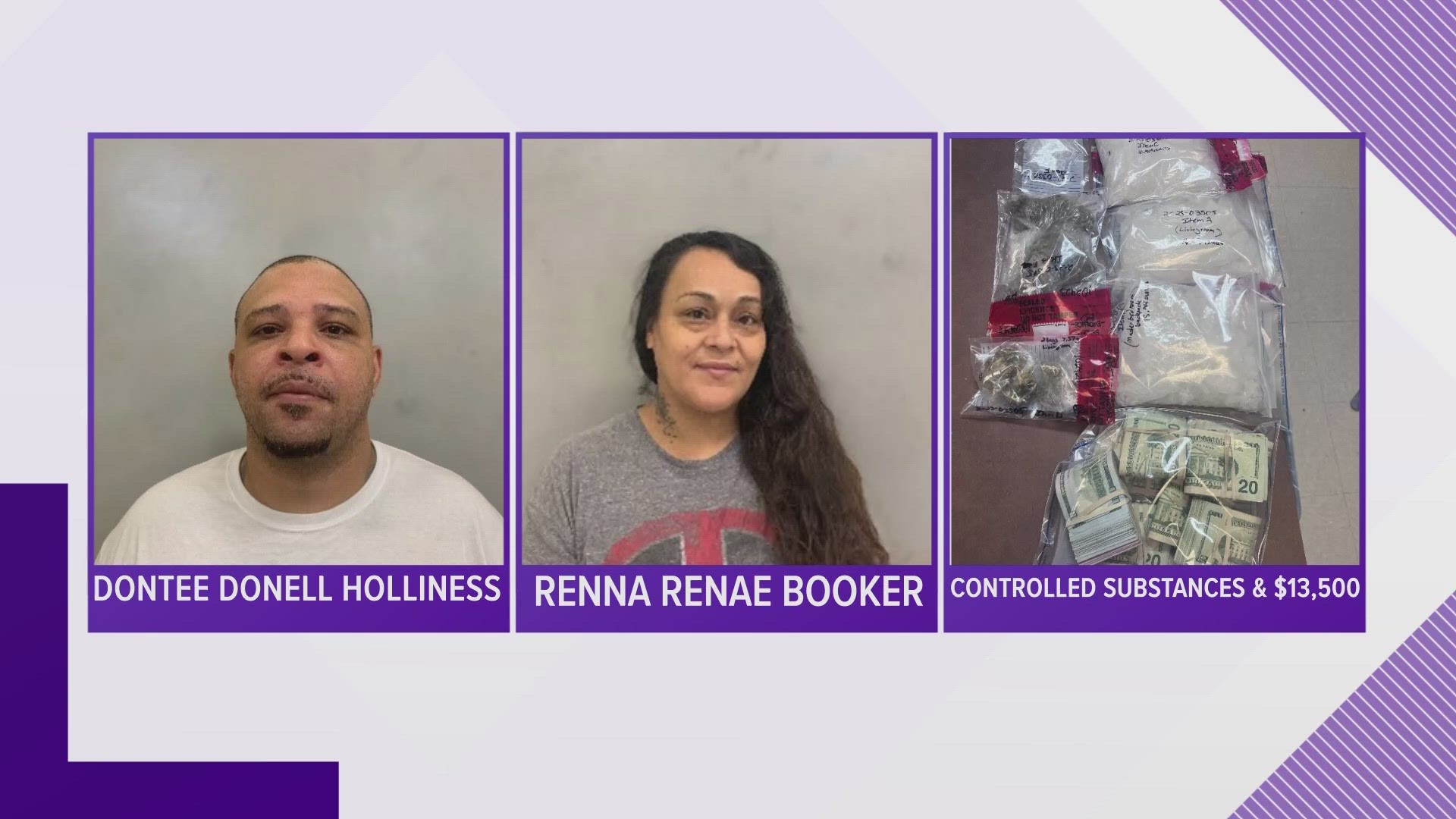 41-year-old Dontee Donell Holliness and 41-year-old Renna Renae Booker were arrested and charged with manufacturing/delivery of a controlled substance.