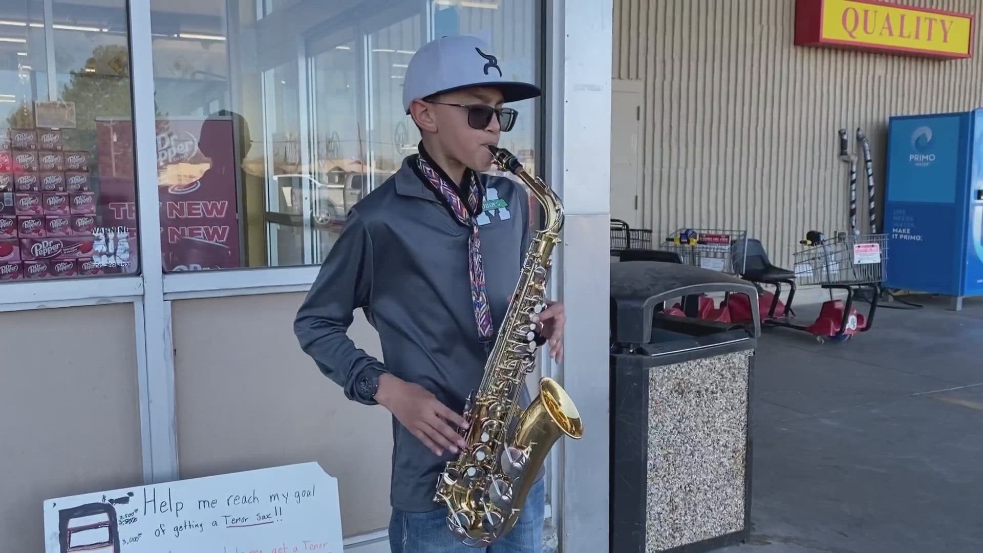 Adriel Bustamante uses his love for playing the sax as a means of raising money for another.