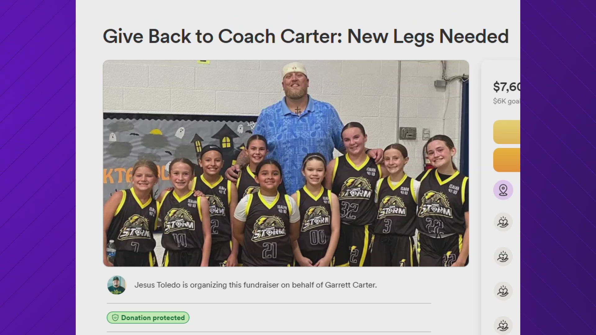 Coach Carter of CROSSROADS had his legs amputated after battling a bone infection. Members of his church set up a GoFundMe to help pay for his new prosthetic legs. 