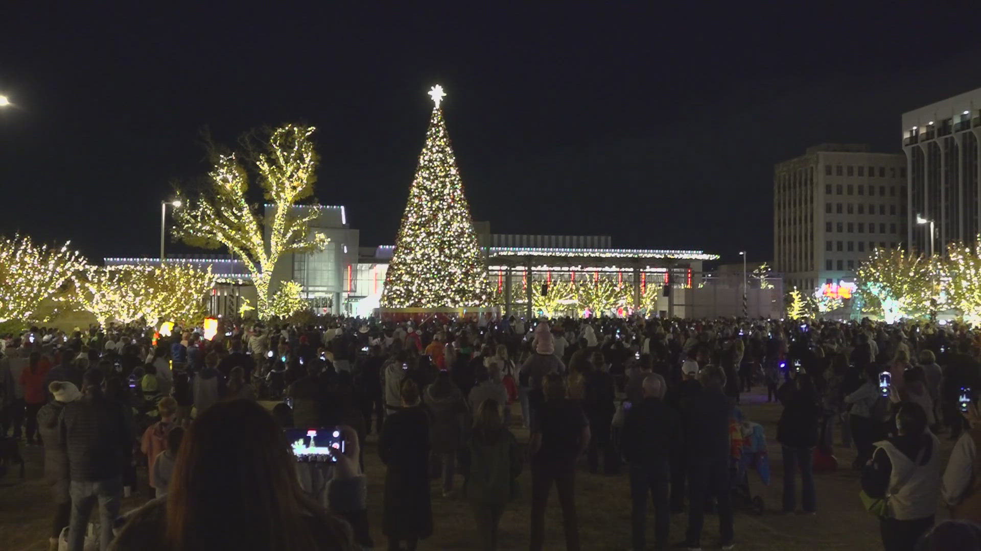 The tree was lit at 6:25 PM, prompting rousing applause from dozens of onlookers.