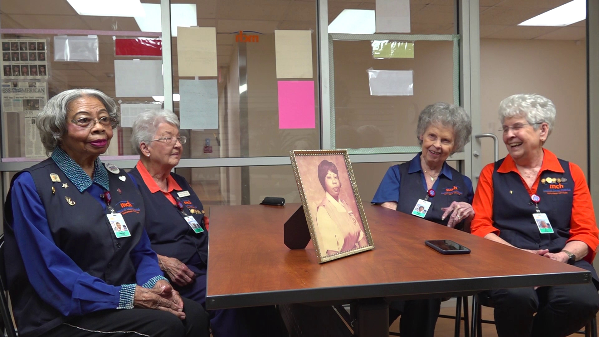 90-year-old Faye Smith and Jo Baker, 91-year-old Helen Jones and 93-year-old Mary McQueen spend their spare time volunteering at MCH.