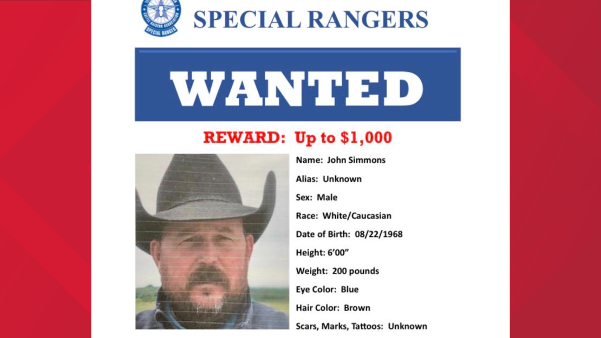 54-year-old John Simmons is wanted for multiple felony theft warrants from cases in Crane County, and Gaines County.