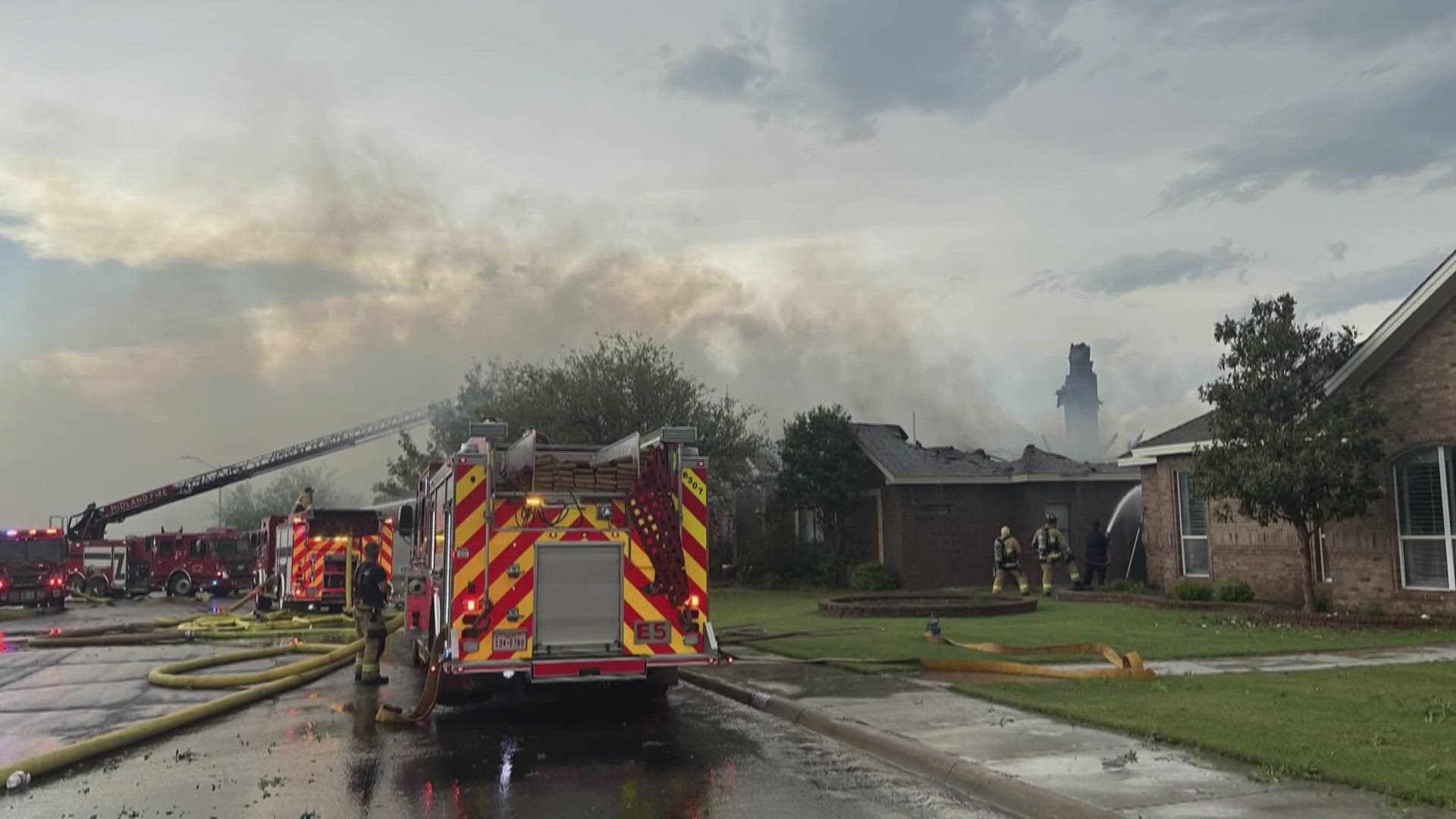 Two houses in Midland caught fire because of lightning. Two vehicles and an RV in Midland got damaged because of a fire.