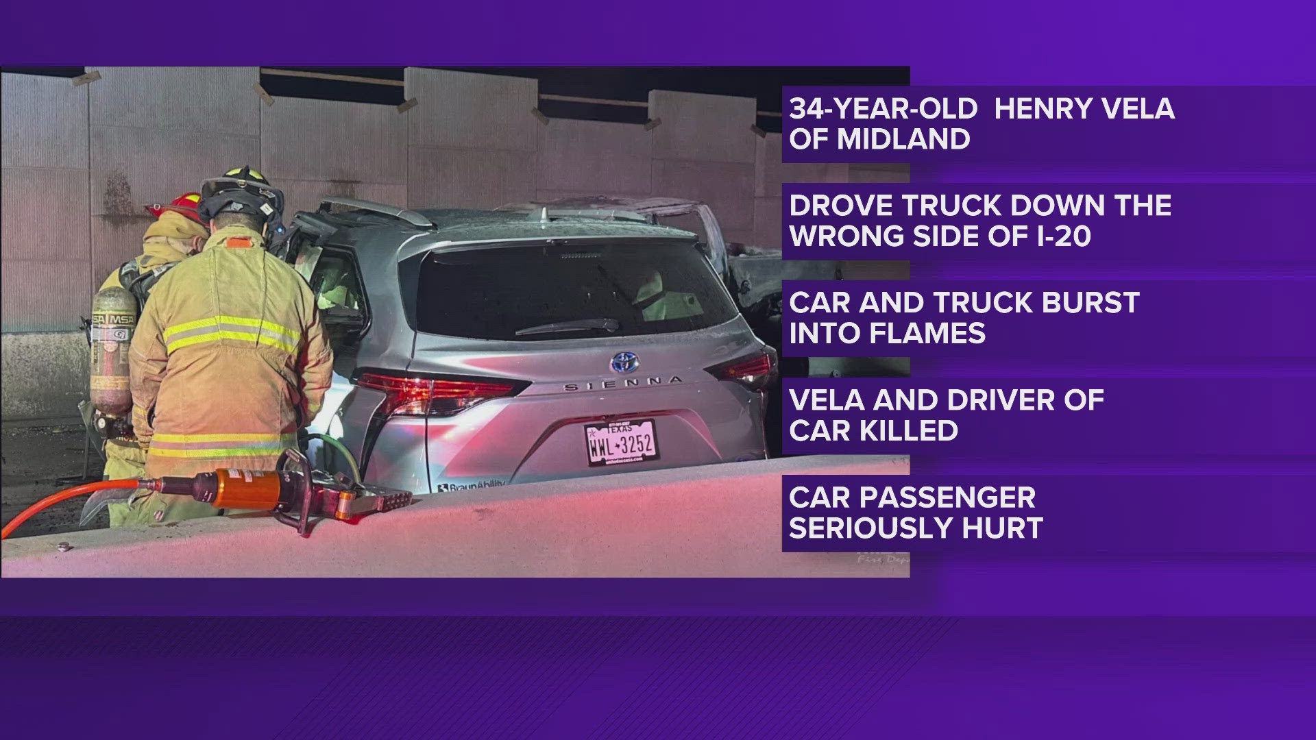 The incident occurred around 1:20 a.m. near mile marker 129, when a Ford F-150 traveling the wrong direction collided head-on with a Toyota Sienna.