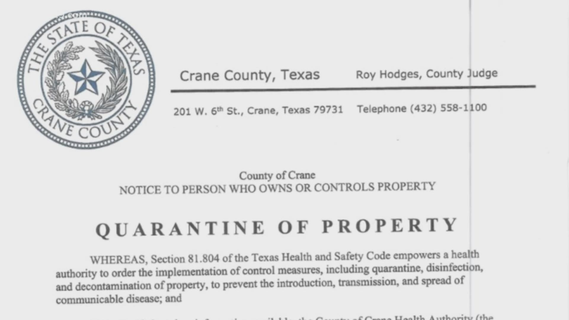 Judge Roy Hodges issued the order Thursday after one resident of the facility tested positive for COVID-19 earlier in the week.