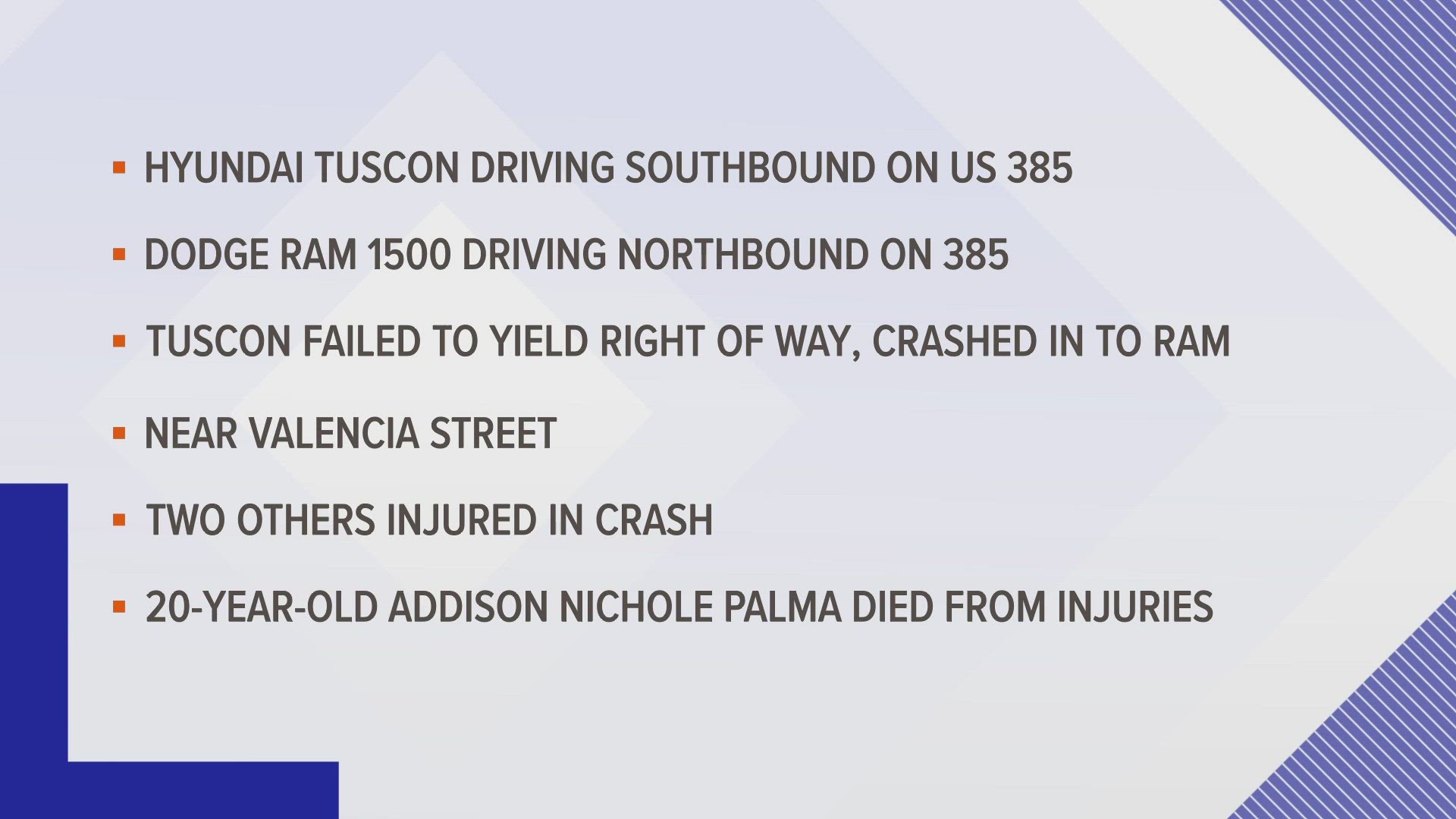 20-year-old Addison Nichole Palma of Odessa was pronounced dead after being transported to Medical Center Hospital.