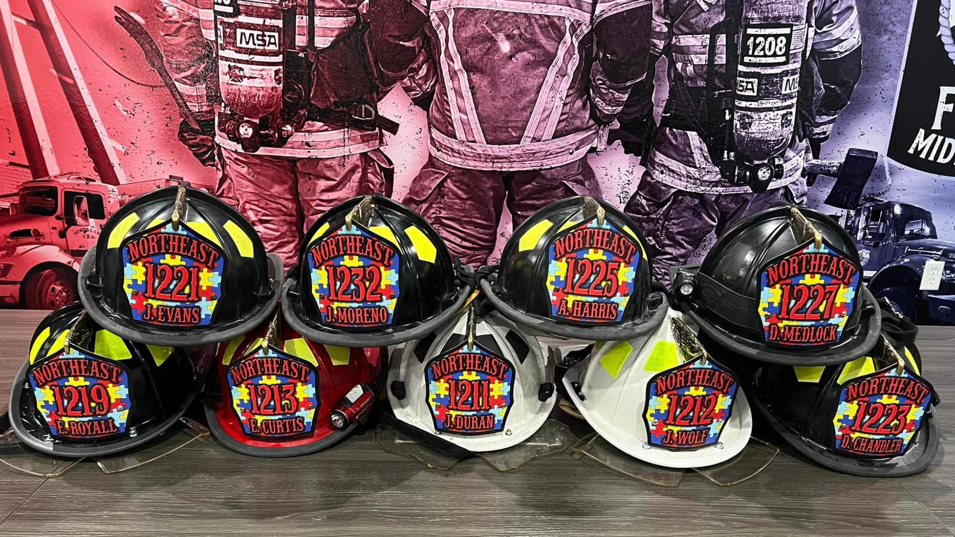 The Midland County Northeast VFD are sporting helmets with the autism puzzle design. This is because several of their kids as well as one of their own has autism.