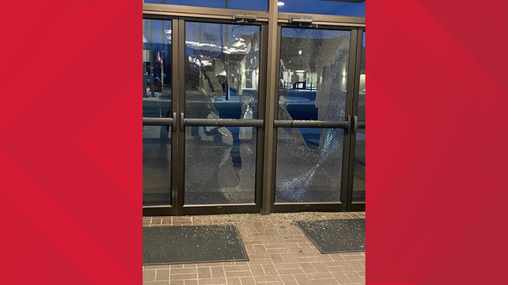 An investigation by OPD revealed that the suspect used an ashtray receptacle to damage the glass doors on the north side of City Hall.