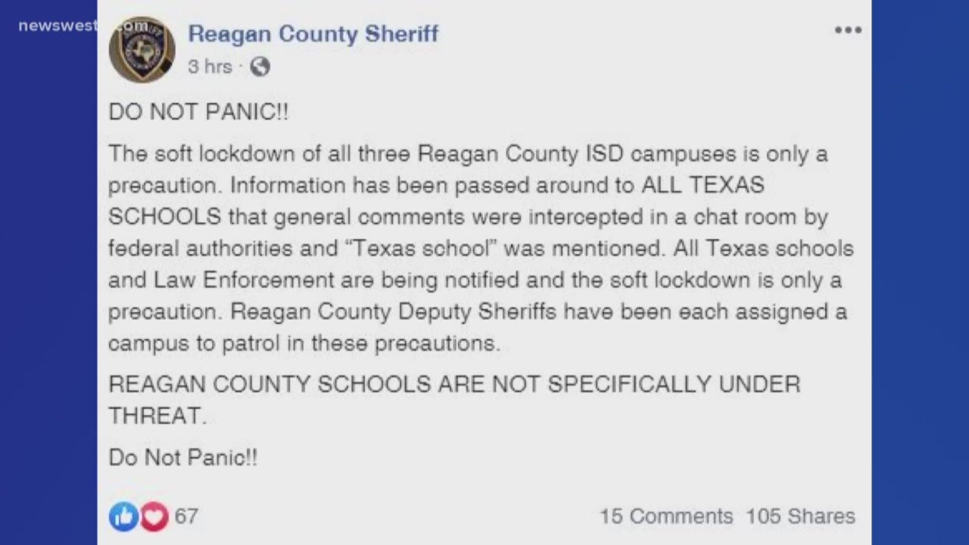 According to a Facebook post by the district, the lockdown was initiated as a precaution.
