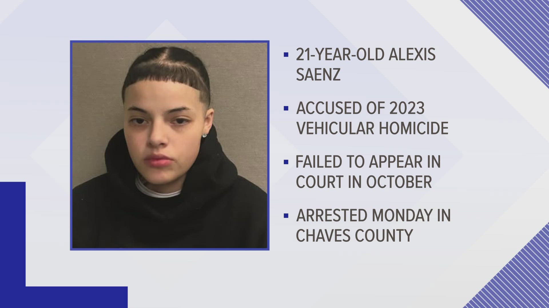 According to the Chaves County undersheriff, Alexis Saenz refused to exit and barricaded herself inside a residence. After deputies breached, she was arrested.