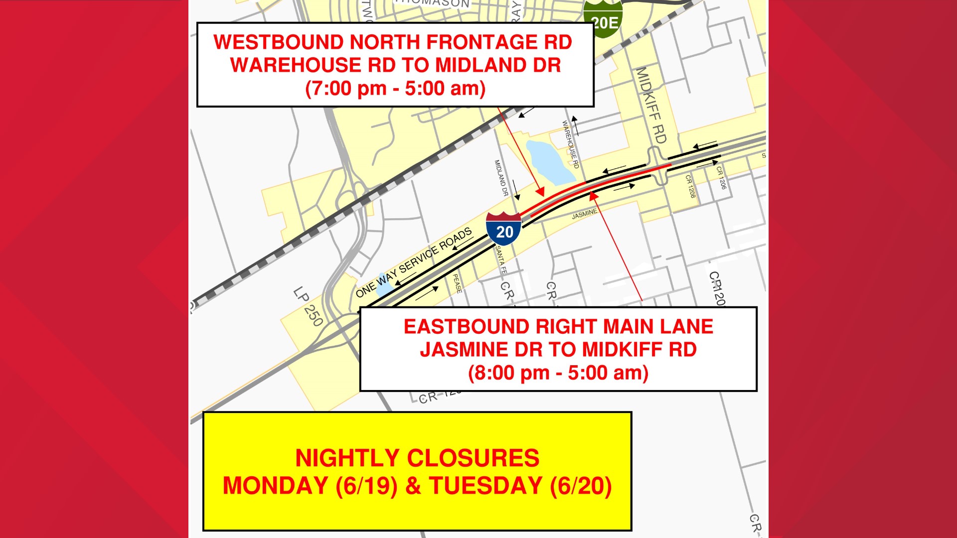 The closures will take effect Monday and Tuesday during the nighttime.