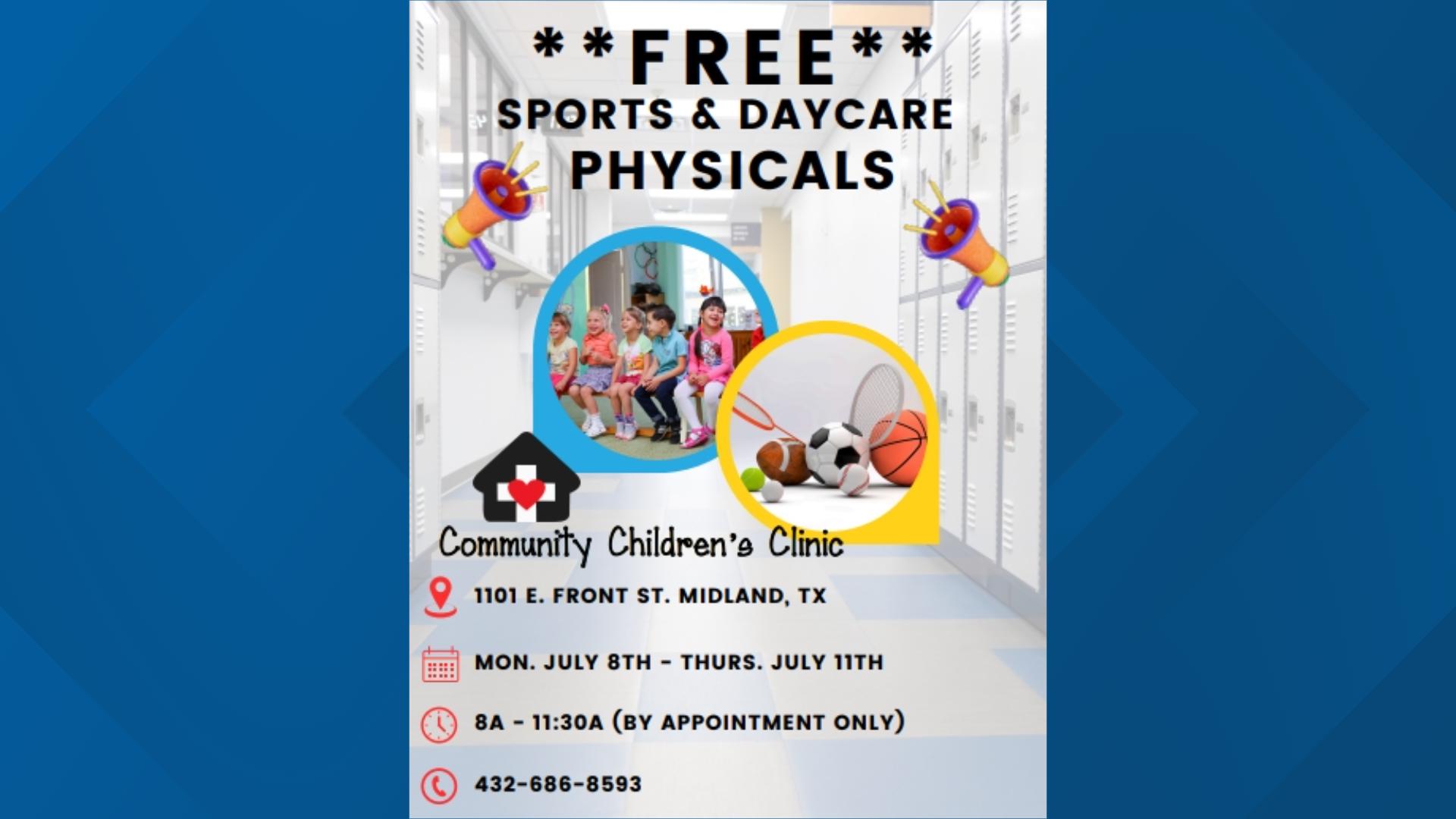 The physicals will be given from July 8 to July 11 from 8 a.m. to 11:30 a.m., by appointment only. To schedule one, call 432-686-8593.