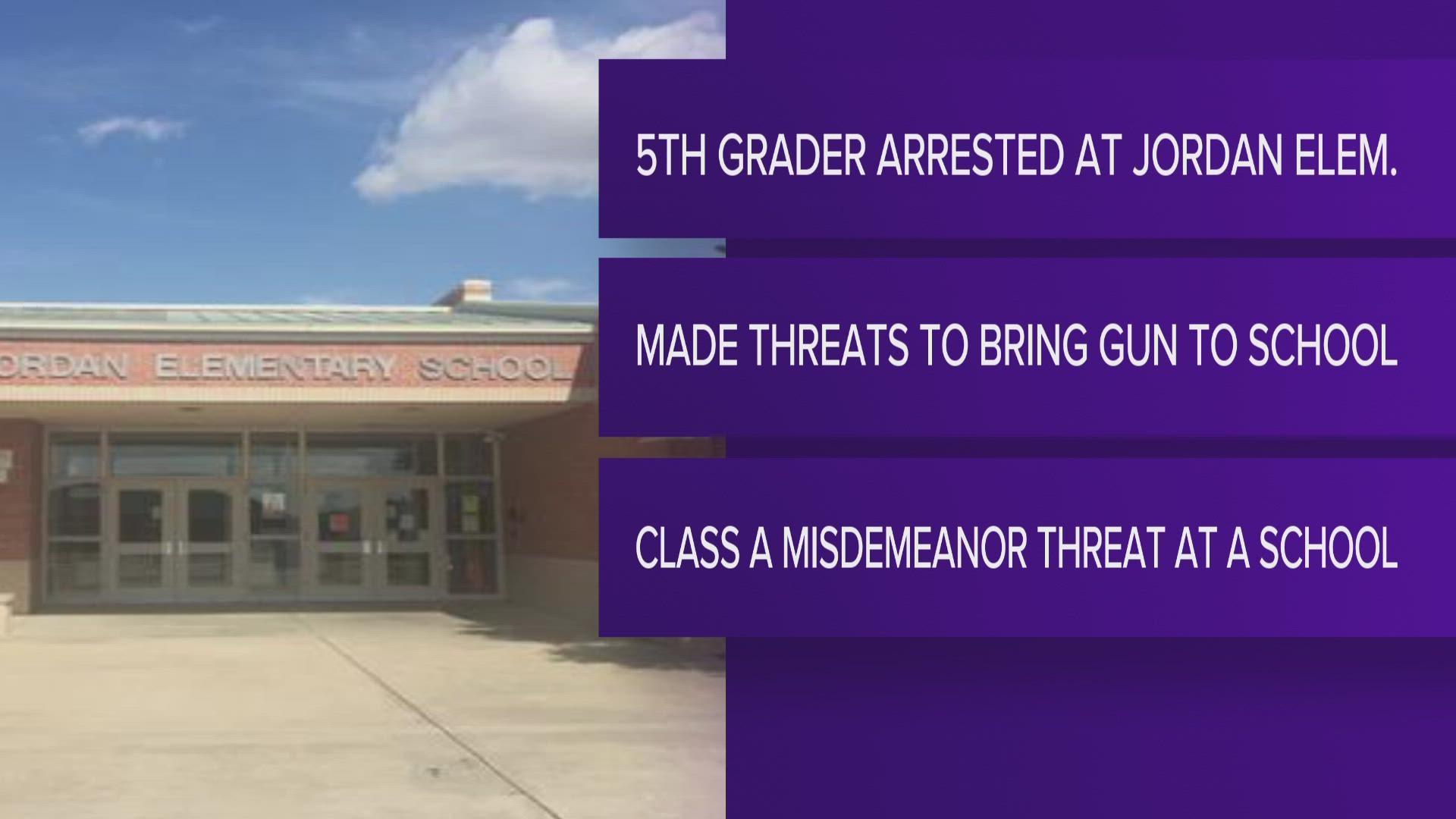 The boy, who is a student at Jordan Elementary, made a threat to the school Wednesday.