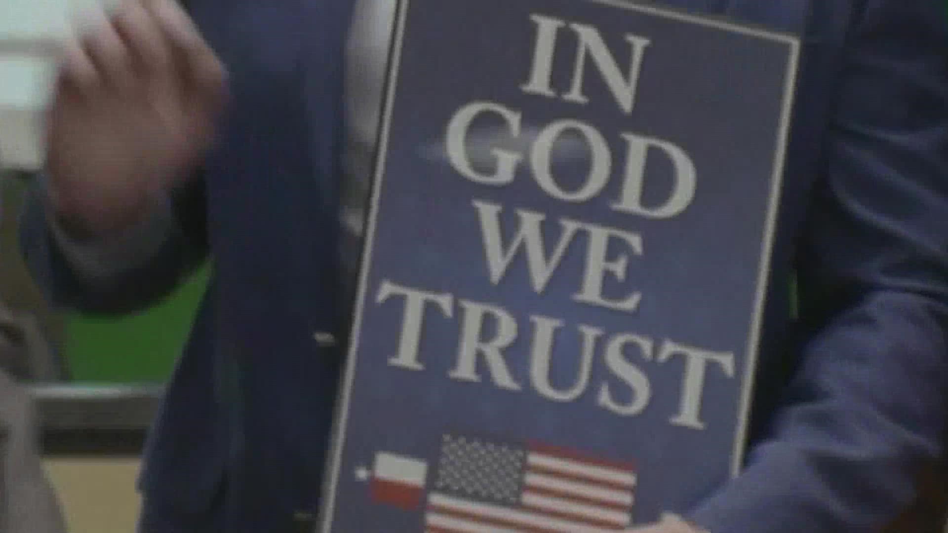 Chaz Stevens, who advocates for the separation of church and state, told WFAA he designed the signs, which are in different languages. He sent 20 to Allen ISD.