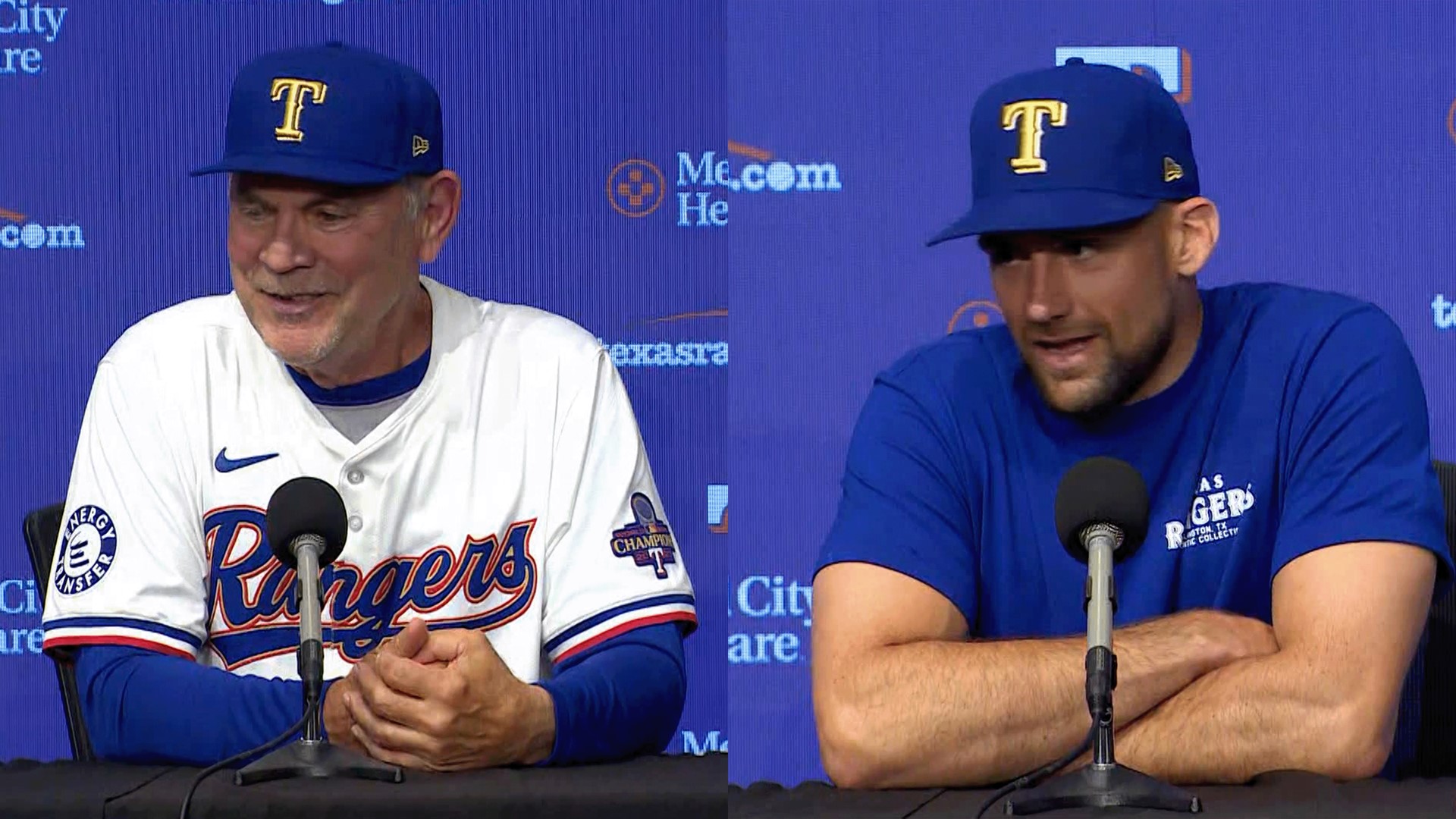 Texas Rangers manager Bruce Bochy and starting pitcher Nathan Eovaldi talked after the game.