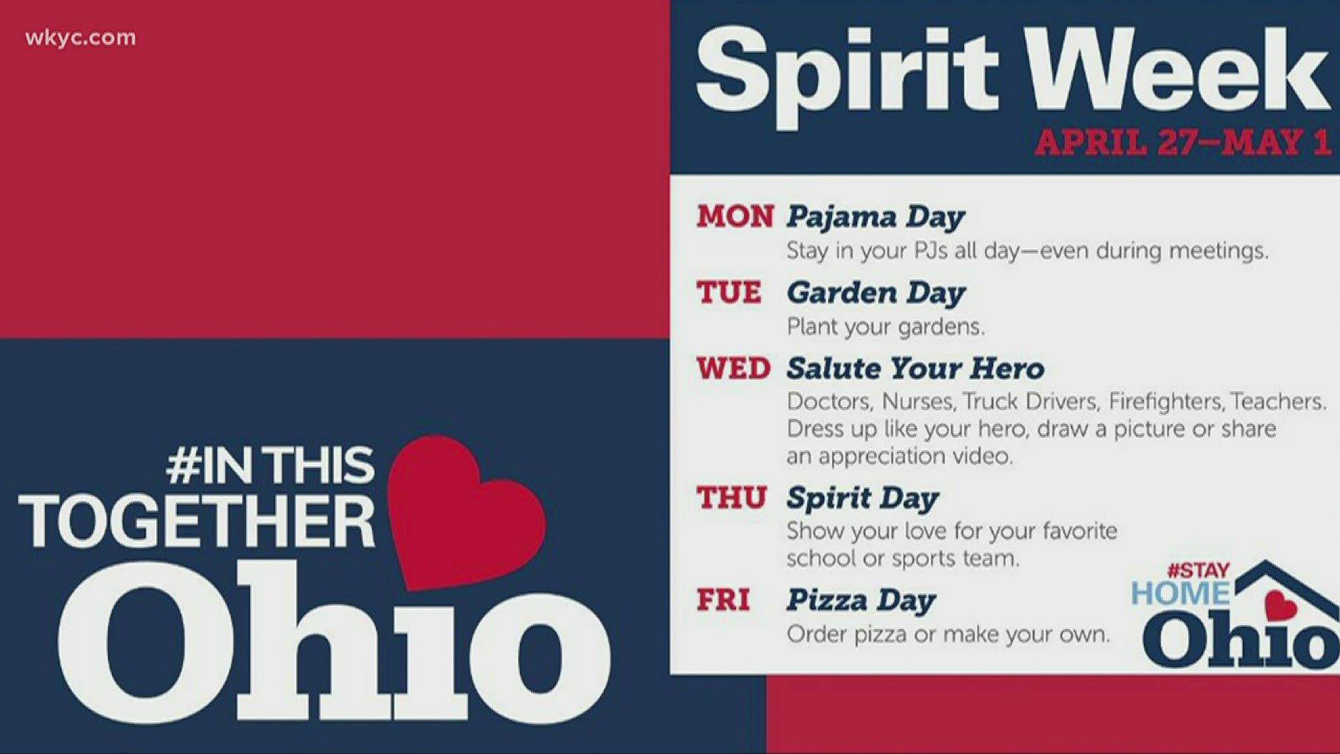 It's virtual 'Spirit Week' in Ohio. Gov. Mike DeWine said it all kicks off with Pajama Day today. Everybody throughout the state is encouraged to stay in their PJs.