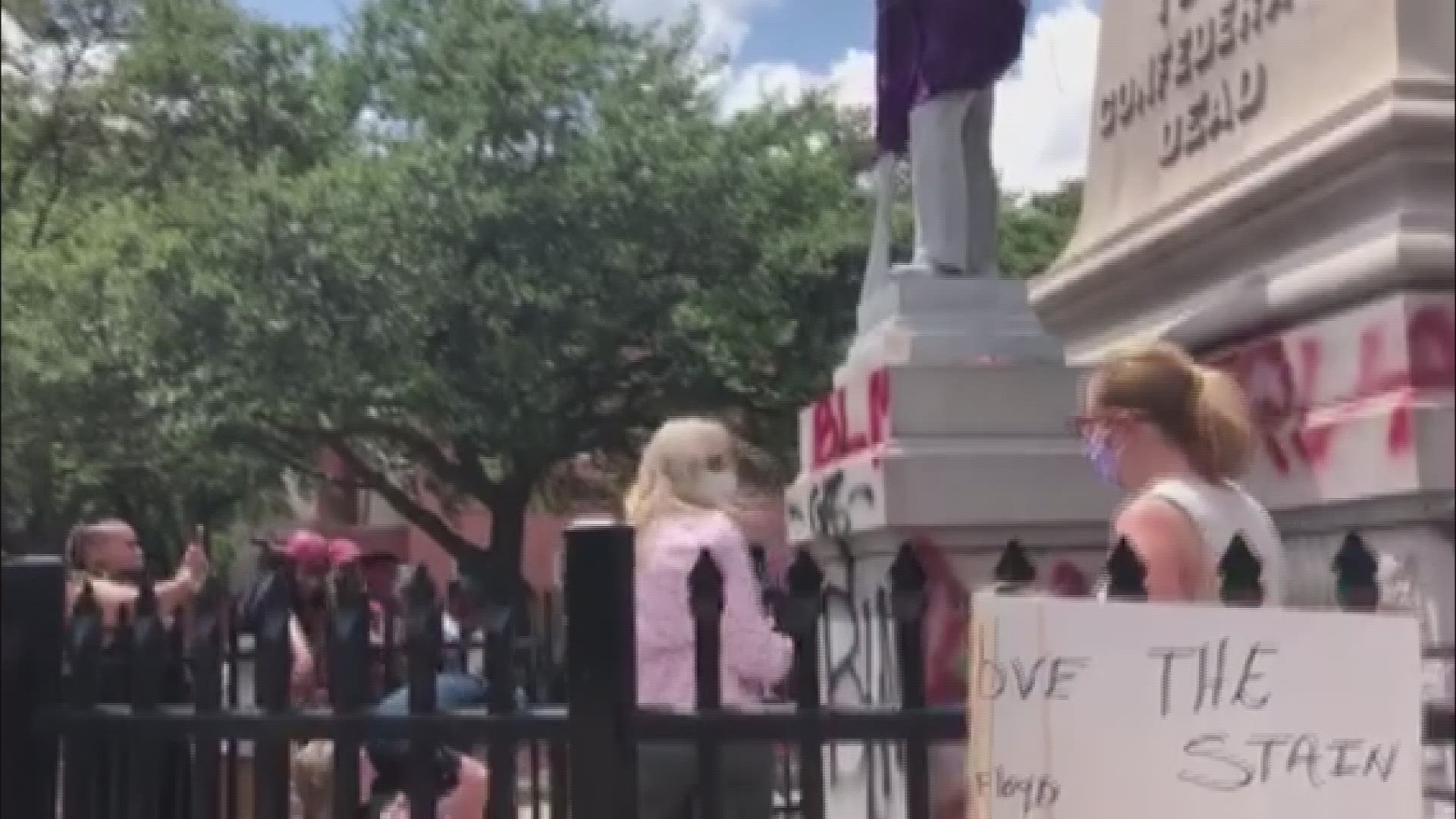 Some people who gathered to protest in Olde Towne Portsmouth on June 10, 2020 spray-painted a number of things on the Confederate monument.